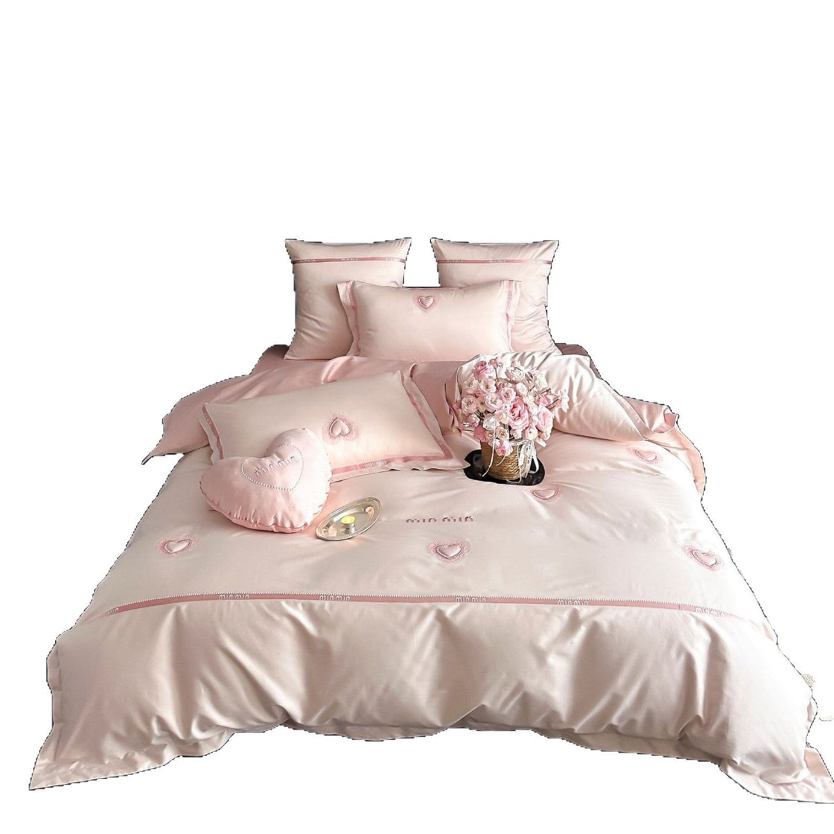 Cotton Sateen Bedding Set with Heart Appliqué and Decorative Piping
