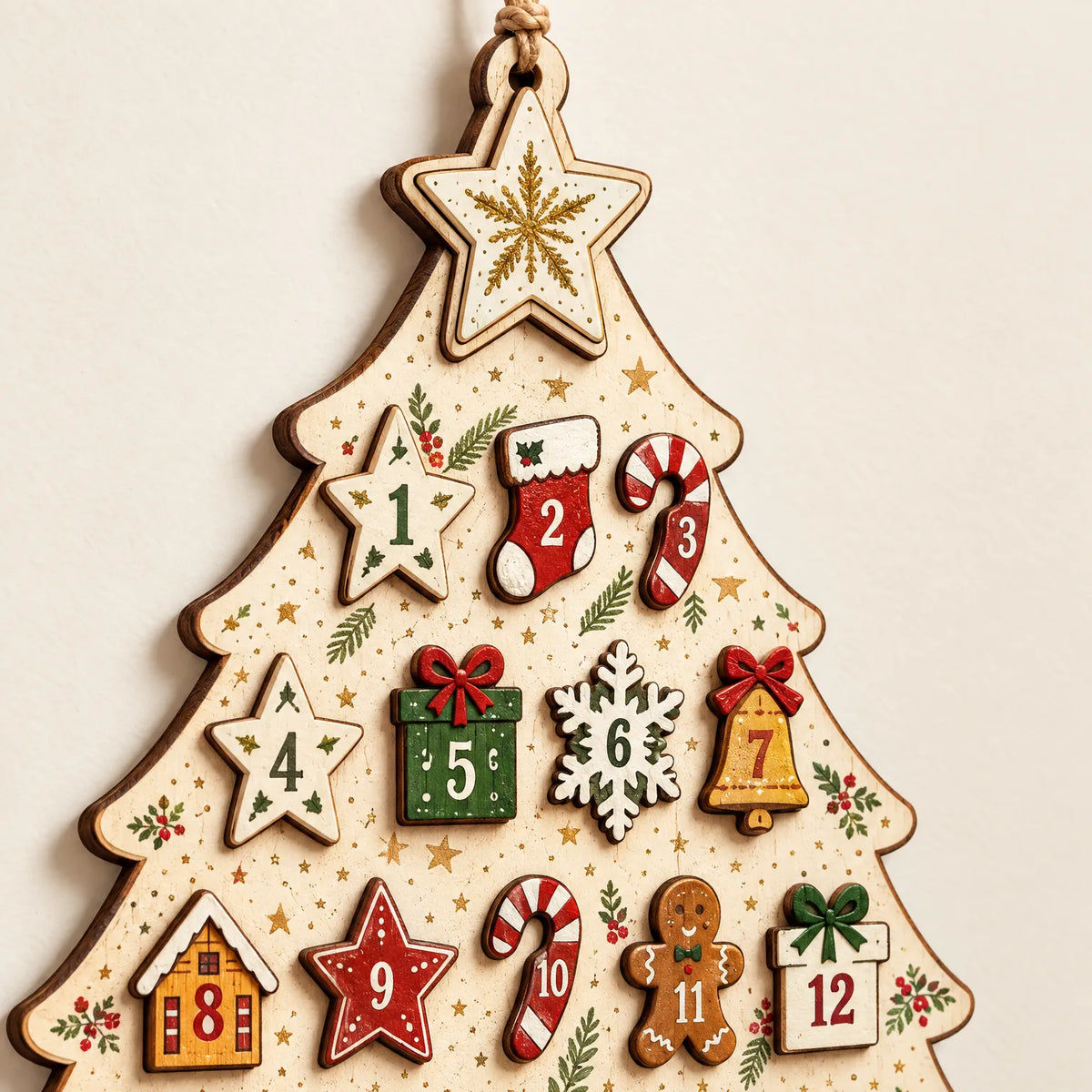 Hanging Wooden Advent Calendar – Reusable Christmas Tree Wall Calendar with 24 Wooden Ornaments