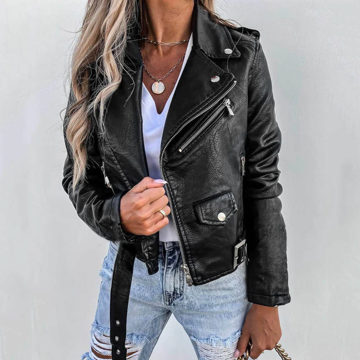 Lined Faux Leather Jacket with Zip