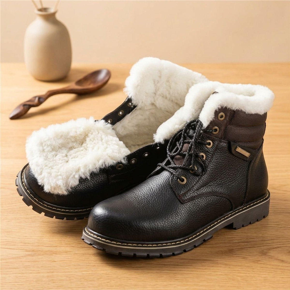 Men's Wool-Lined Genuine Leather Lace-Up Winter Boots
