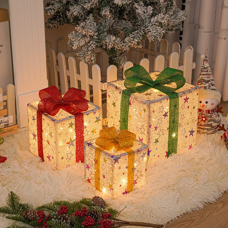 Pre-Lit Christmas Gift Boxes Outdoor Decoration - Set of 3 with LED Lights
