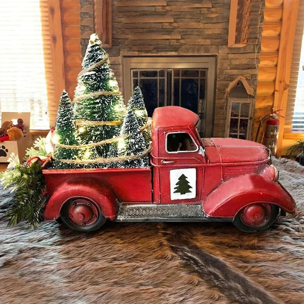 Red Truck Tabletop Christmas Decoration with Bottle Brush Trees and LED Lights