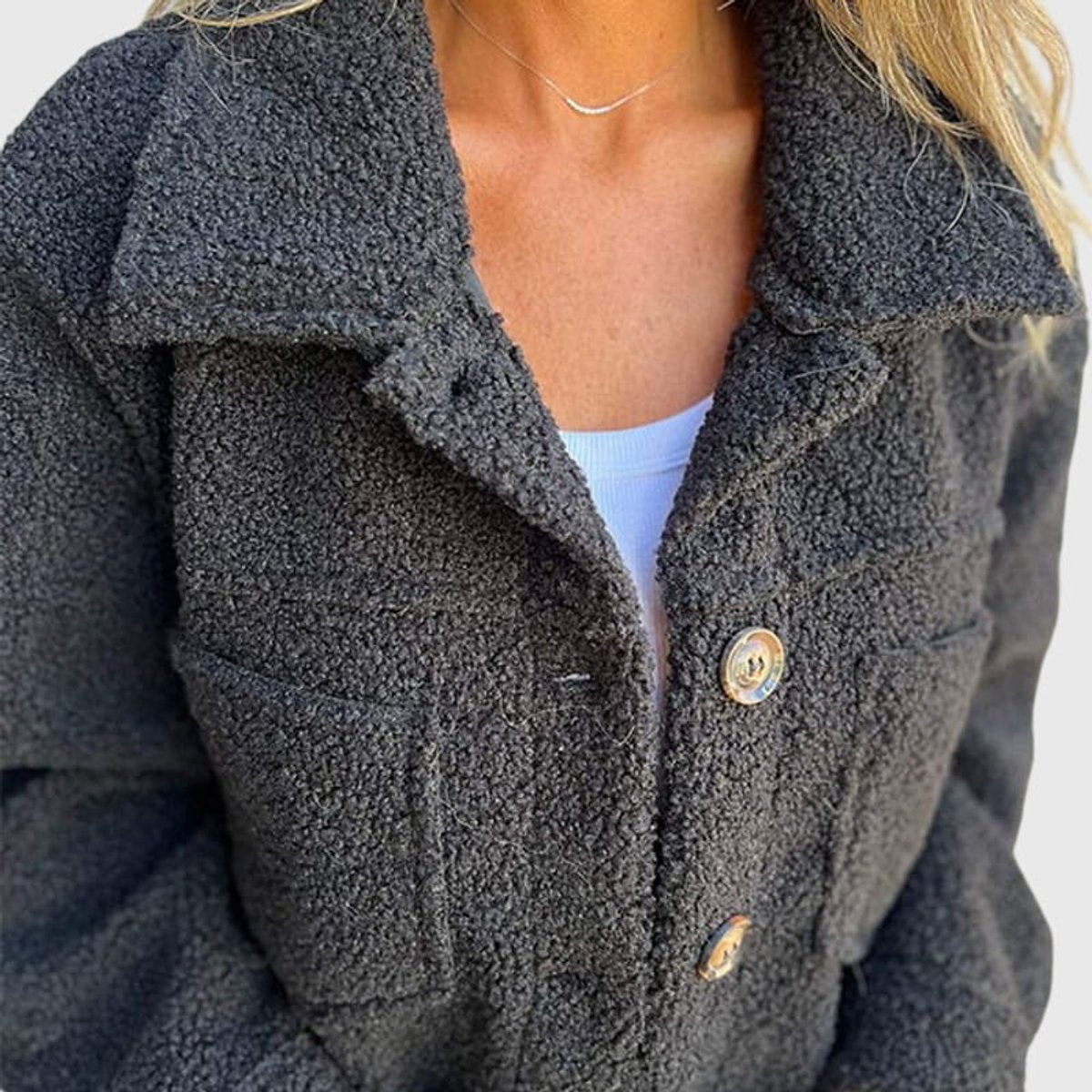 Women's Button-Front Sherpa Fleece Jacket with Lapel Collar