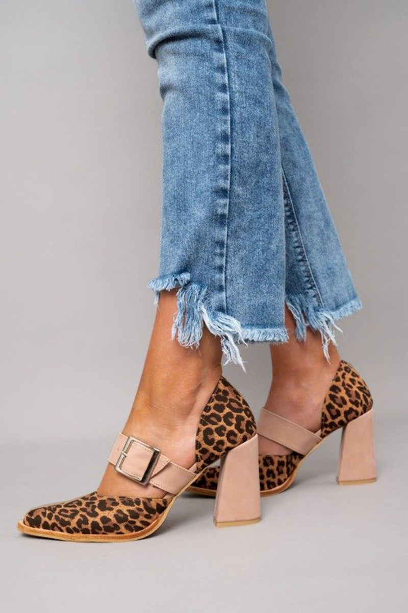 Women's Leopard Block Heel Shoes with Wide Buckle Strap