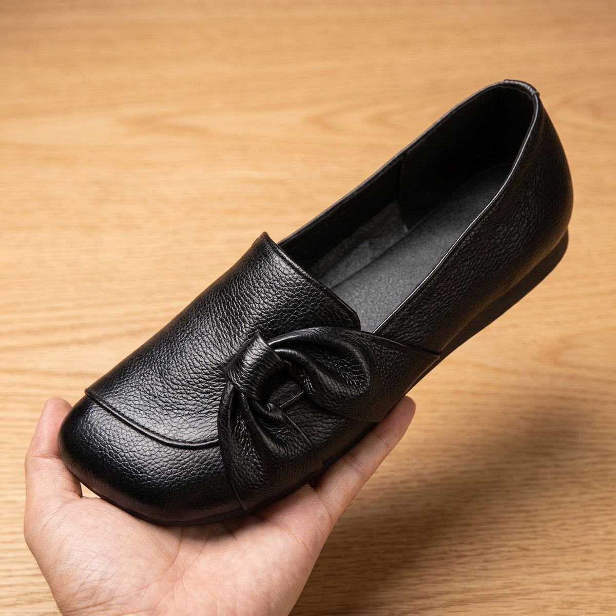 Women's Orthopedic Leather Slip-On Flats with Bow Detail