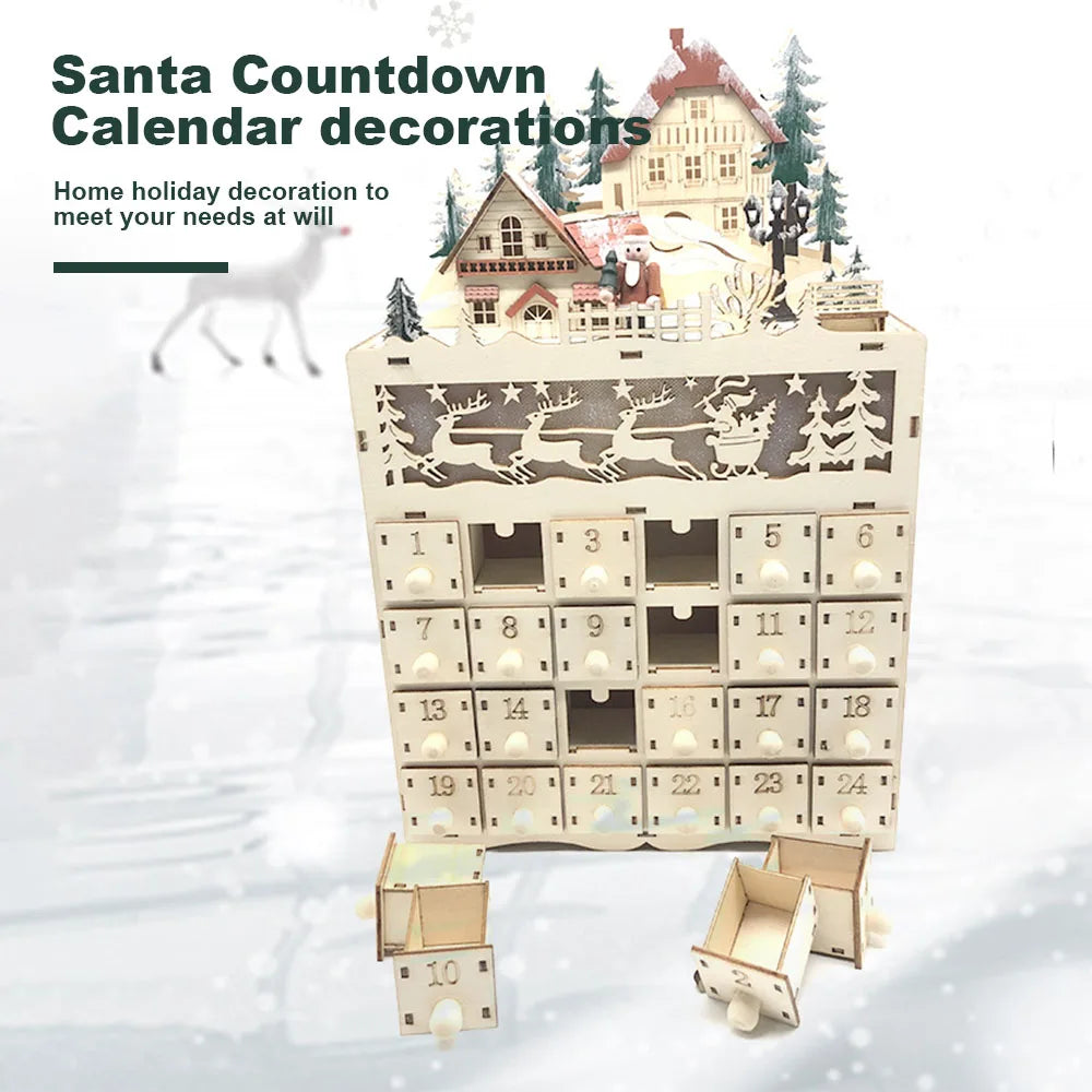 Wooden Advent Calendar – 24 Compartments with Warm LED Light and Christmas Ambiance