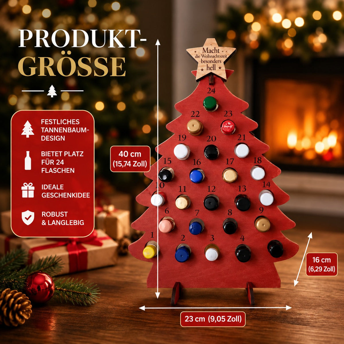 Wooden Christmas Tree Bottle Advent Calendar with 24 Compartments