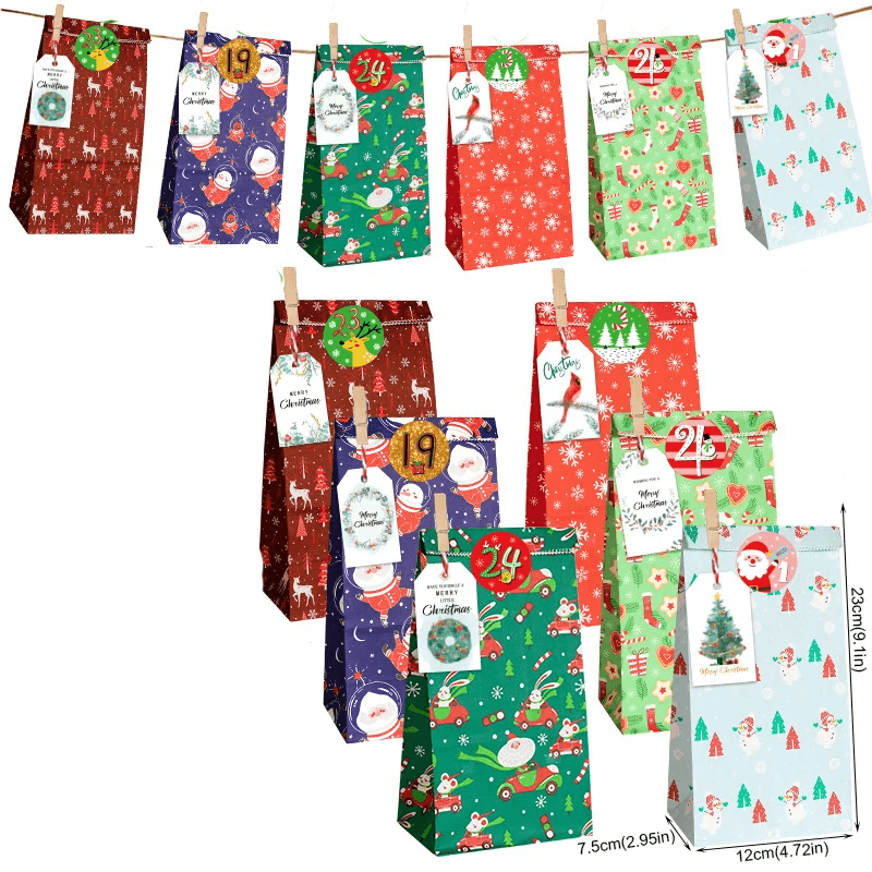 24-Pack Multicolour Christmas Gift Bags with Festive Designs
