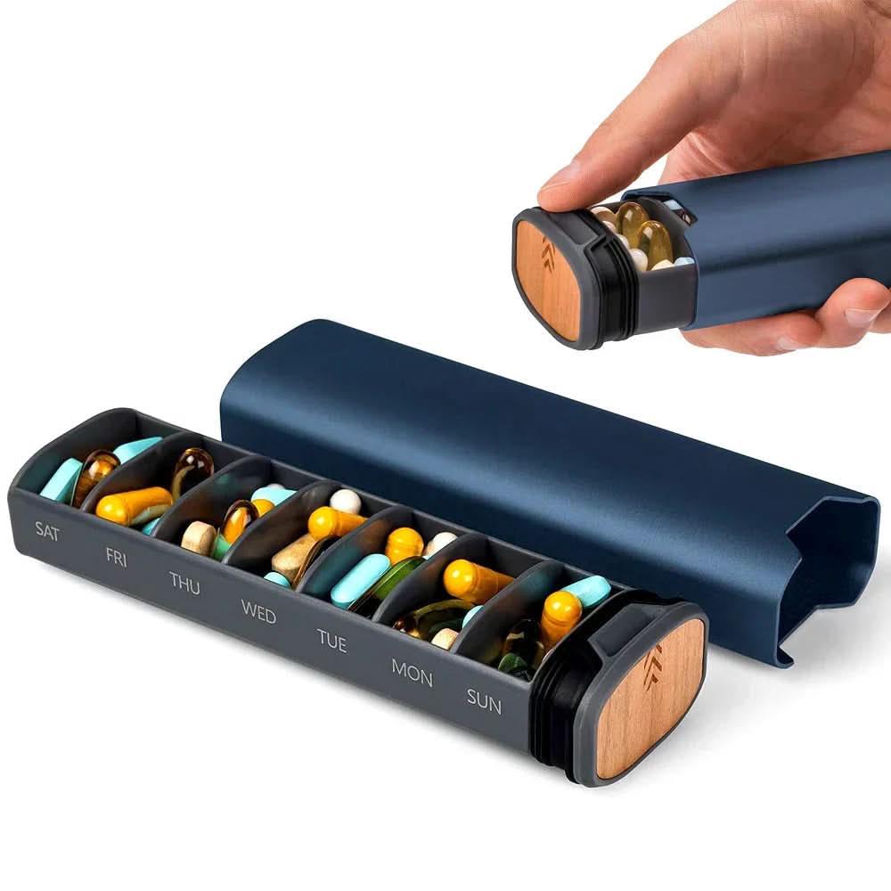 7-Compartment Pill Organizer – Compact and Durable, Leakproof Design, Engraved Days of the Week