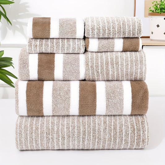 8-Piece Microfiber Towel Set - Quick Drying - Striped Bath & Hand Towels - Image 1