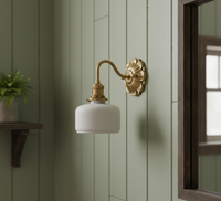 Antique Brass Wall Sconce - White Ceramic Ribbed Shade - Rustic Style Lighting