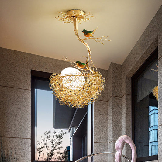 Art Deco Gold Bird Nest Chandelier - Glass Globe Pendant Light - Living Room Lighting - Image 1