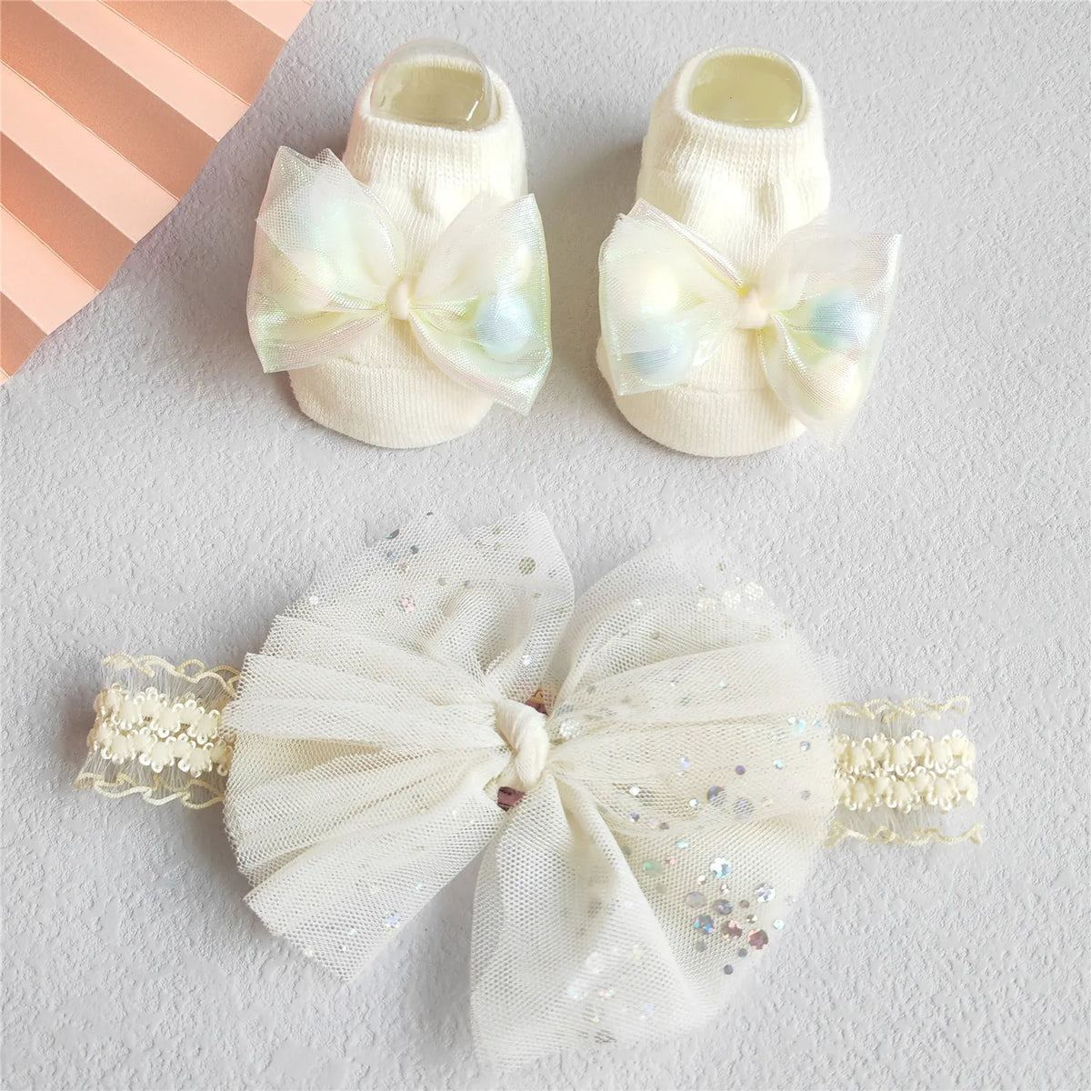 Baby Girl Headband and Socks Set - Newborn Princess Lace Hair Bows & Cotton Socks Gift for 0-12 Months