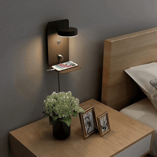 Bedside Wall Lamp with Shelf - USB Charging Port - Modern Night Light Fixture - Image 1