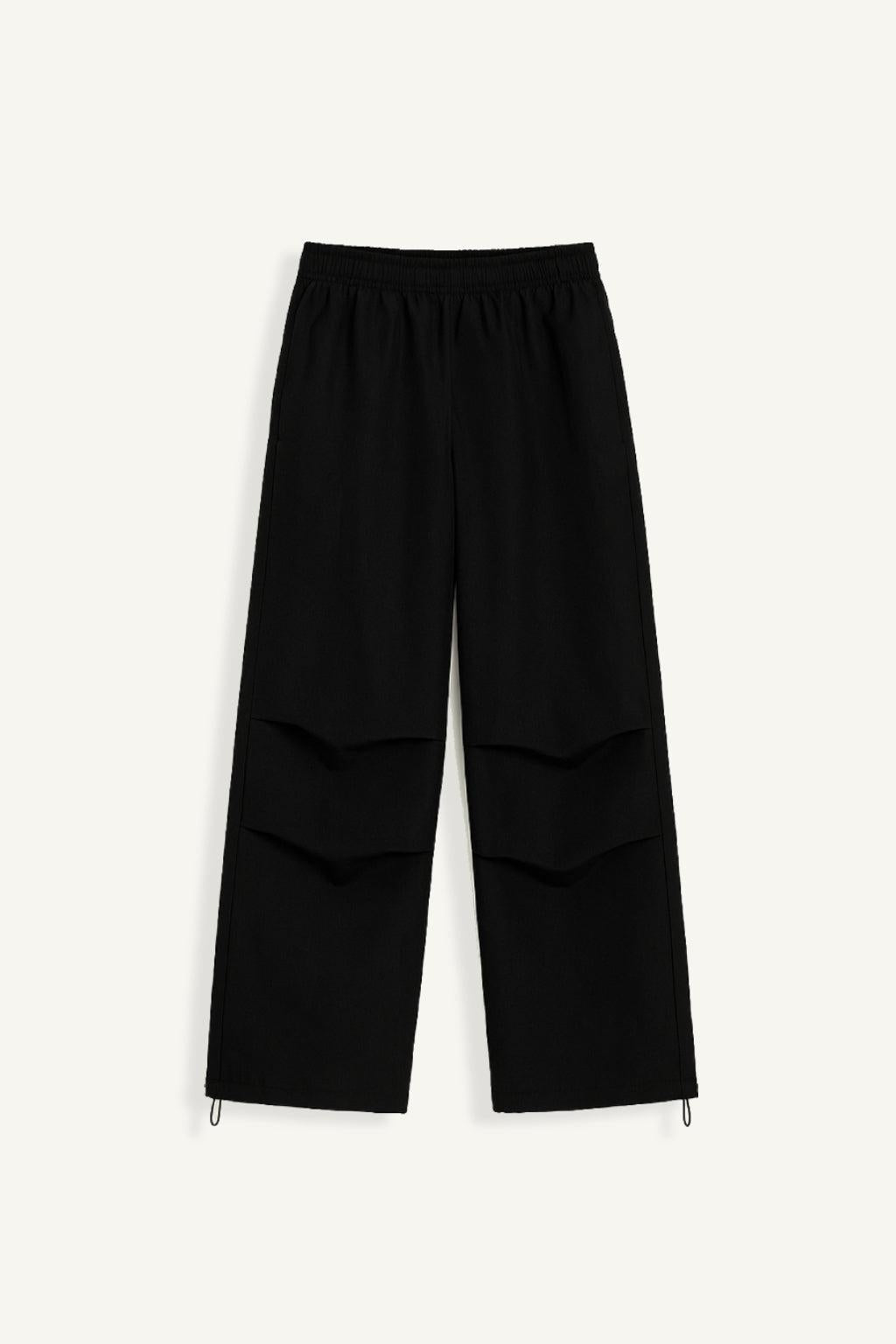 Black Lightweight Parachute Pants with Adjustable Waist and Multiple Pockets