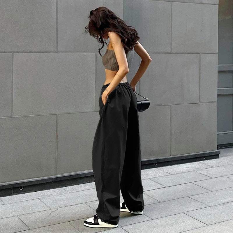 Black Lightweight Parachute Pants with Adjustable Waist and Multiple Pockets