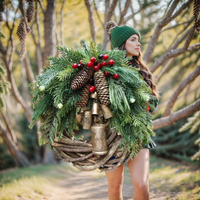 Boho-Style Christmas Wreath on Rustic Vine Base with Pinecones & Golden Bells