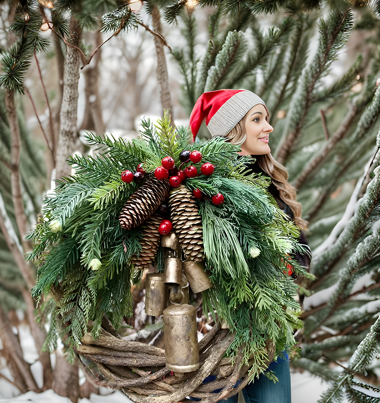 Boho-Style Christmas Wreath on Rustic Vine Base with Pinecones & Golden Bells