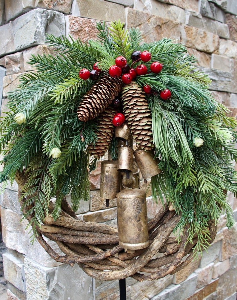Boho-Style Christmas Wreath on Rustic Vine Base with Pinecones & Golden Bells