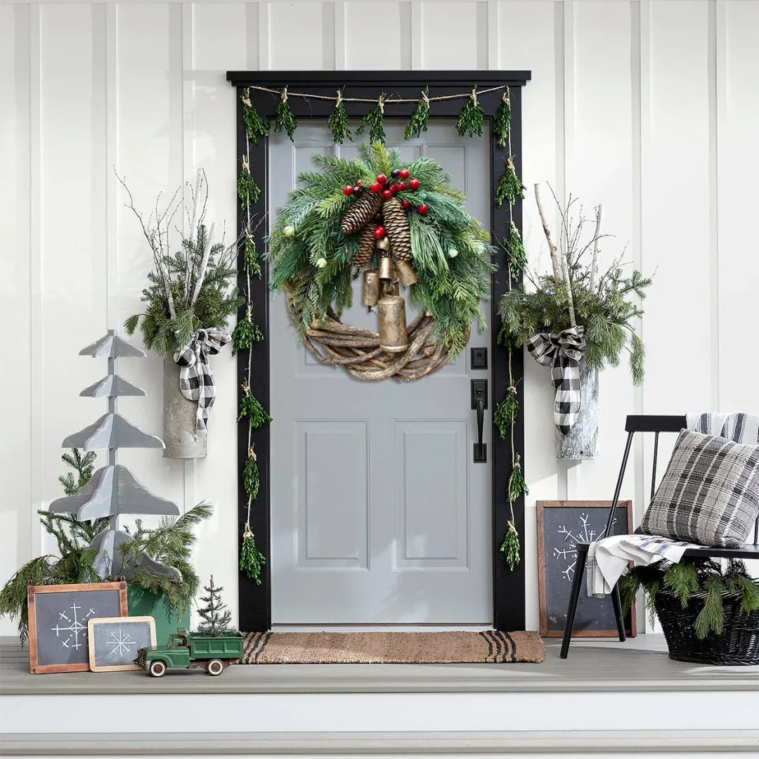 Boho-Style Christmas Wreath on Rustic Vine Base with Pinecones & Golden Bells