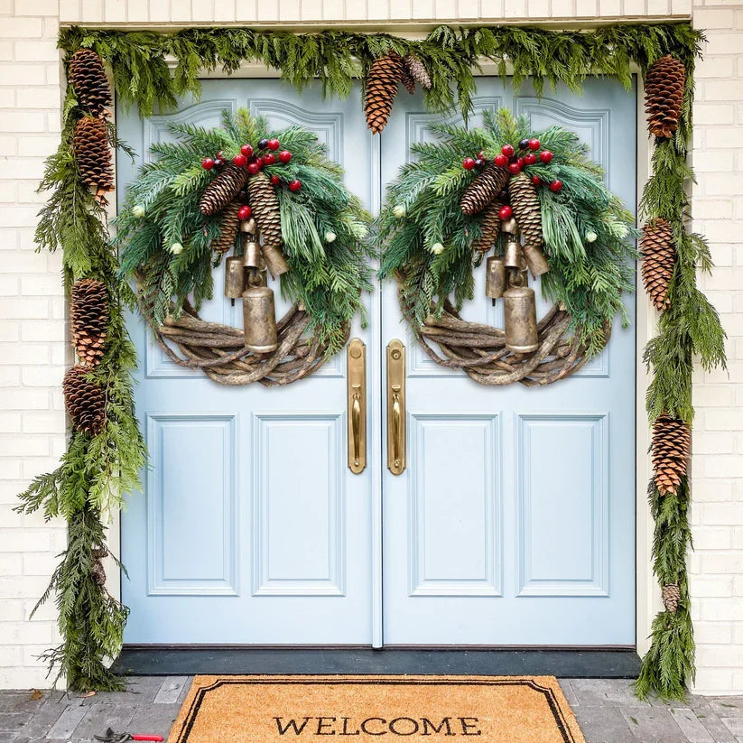 Boho-Style Christmas Wreath on Rustic Vine Base with Pinecones & Golden Bells