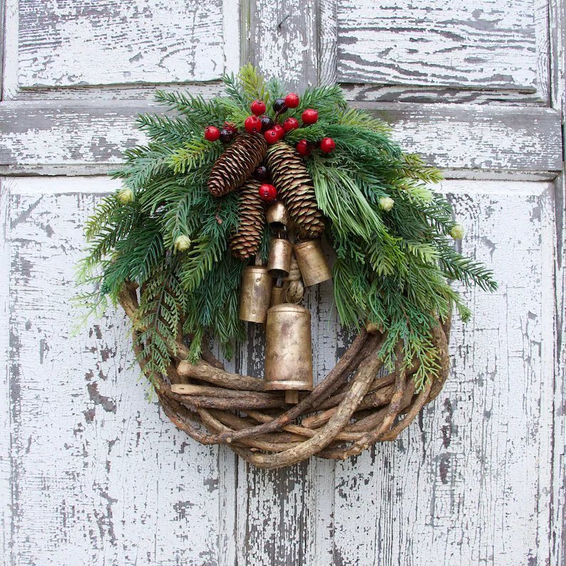 Boho-Style Christmas Wreath on Rustic Vine Base with Pinecones & Golden Bells