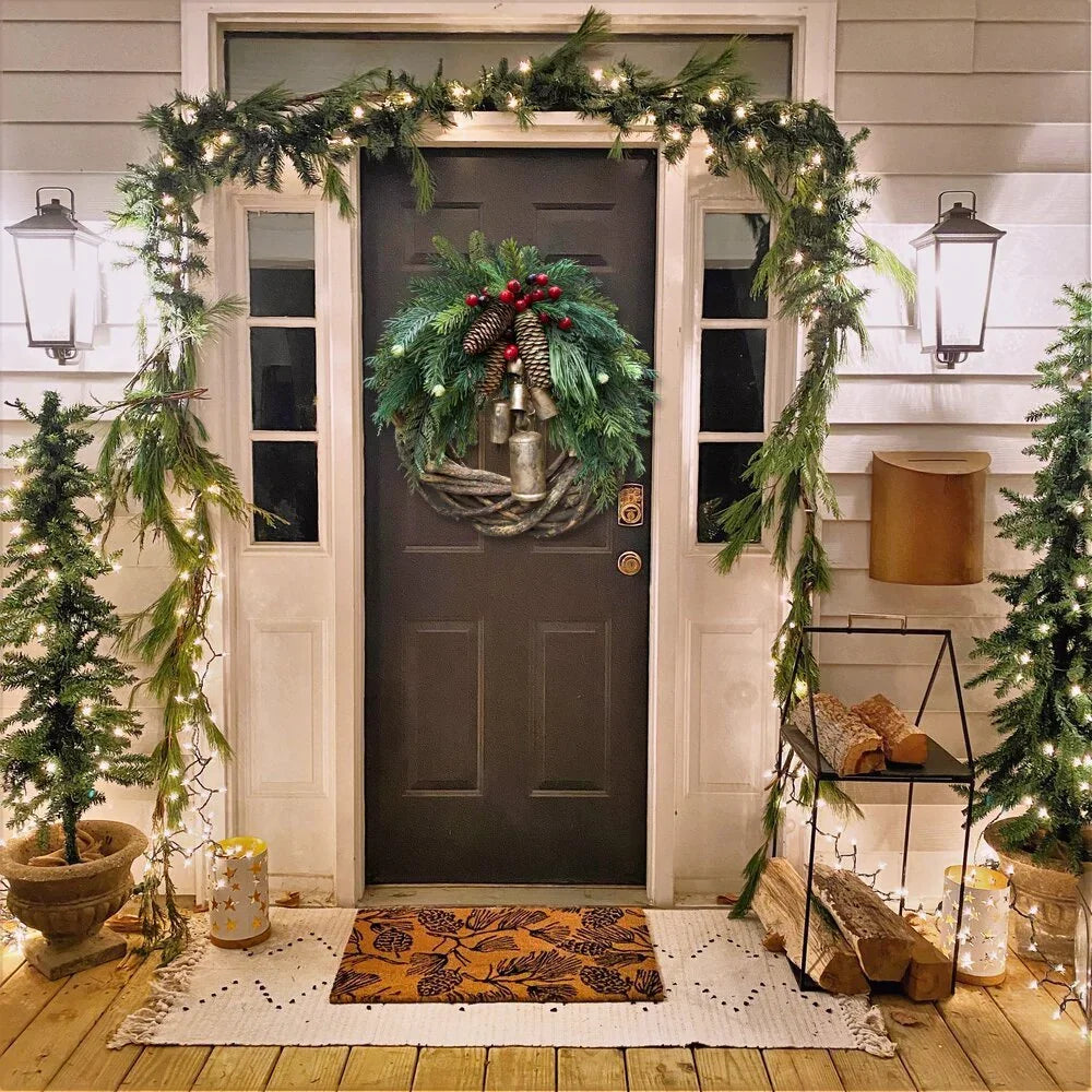 Boho-Style Christmas Wreath on Rustic Vine Base with Pinecones & Golden Bells