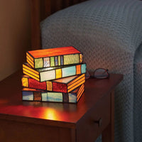 Book Stack Lamp - Stained Glass Accent Light - Decorative Novelty Table Lamp