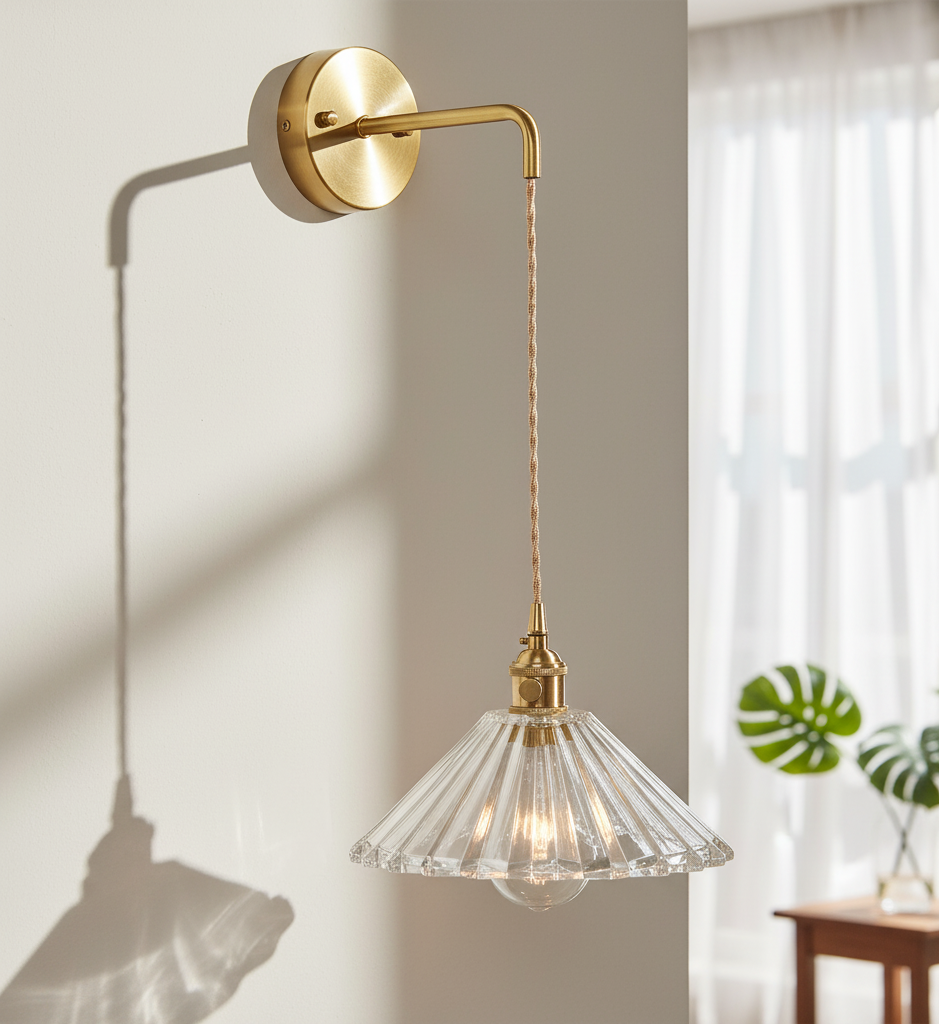 Brass Wall Sconce - Ribbed Glass Shade - Modern Hanging Light Fixture with Fabric Cord - Image 1
