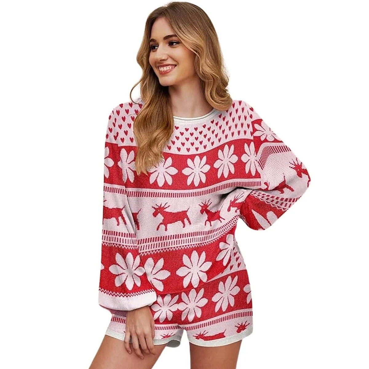 Christmas Pajamas - Knit Shorts Set with Snowflakes