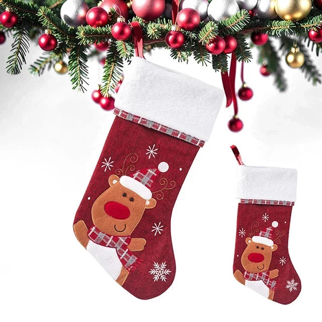 Christmas Stockings with Plush Cuff, Embroidered Snowflakes, and Character Appliqués