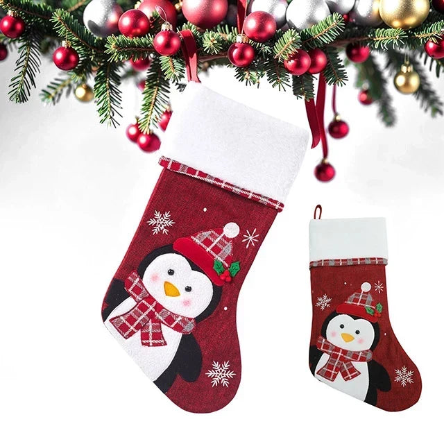 Christmas Stockings with Plush Cuff, Embroidered Snowflakes, and Character Appliqués