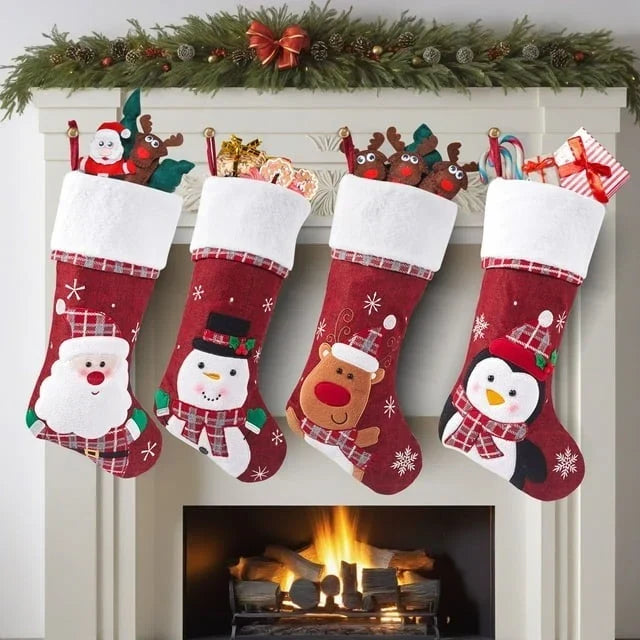 Christmas Stockings with Plush Cuff, Embroidered Snowflakes, and Character Appliqués