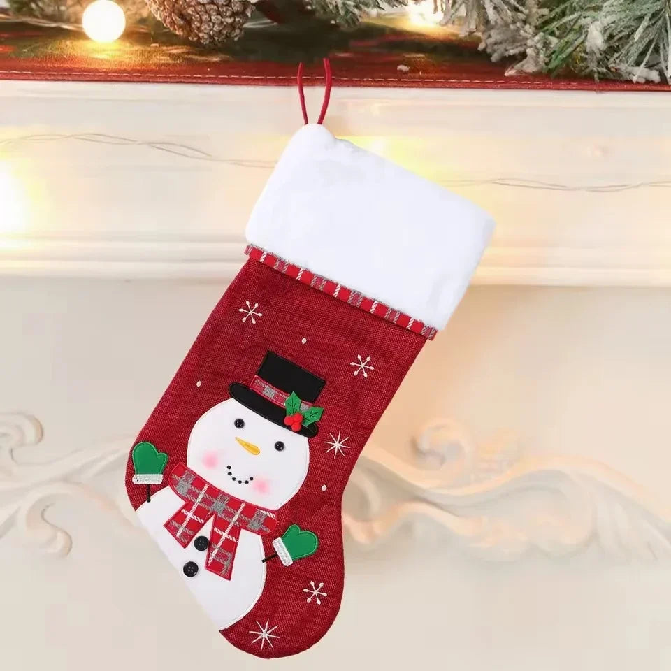 Christmas Stockings with Plush Cuff, Embroidered Snowflakes, and Character Appliqués