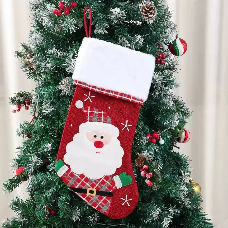 Christmas Stockings with Plush Cuff, Embroidered Snowflakes, and Character Appliqués
