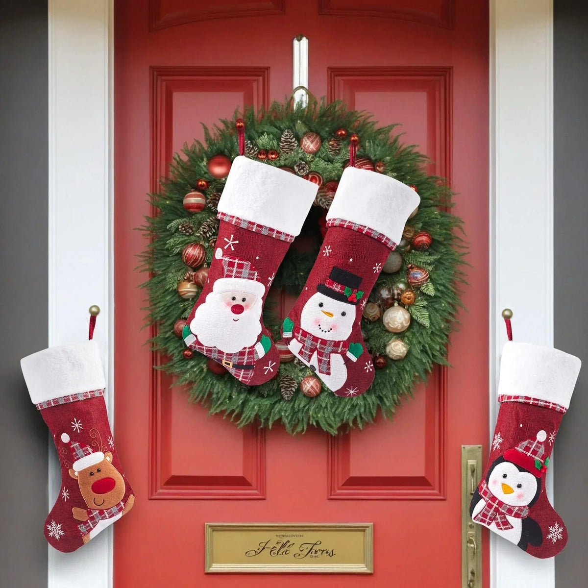 Christmas Stockings with Plush Cuff, Embroidered Snowflakes, and Character Appliqués