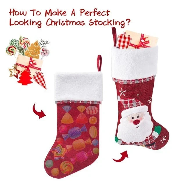 Christmas Stockings with Plush Cuff, Embroidered Snowflakes, and Character Appliqués