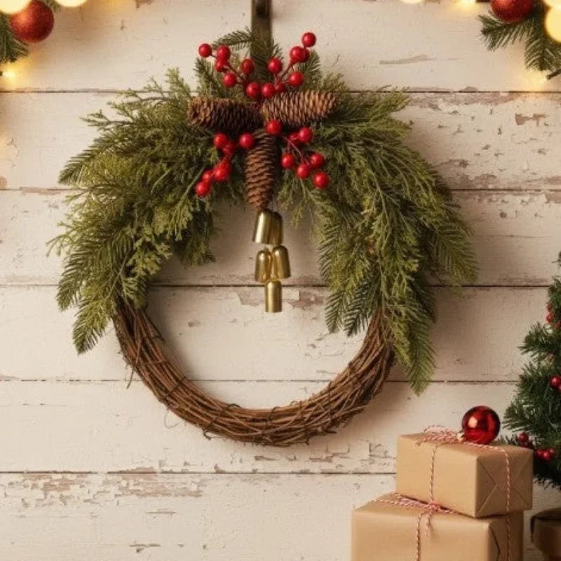 Christmas Wreath with Golden Bells, Pinecones and Artificial Evergreen on Grapevine Base