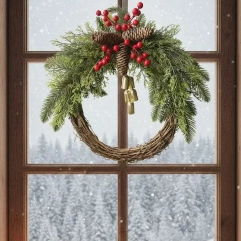 Christmas Wreath with Golden Bells, Pinecones and Artificial Evergreen on Grapevine Base