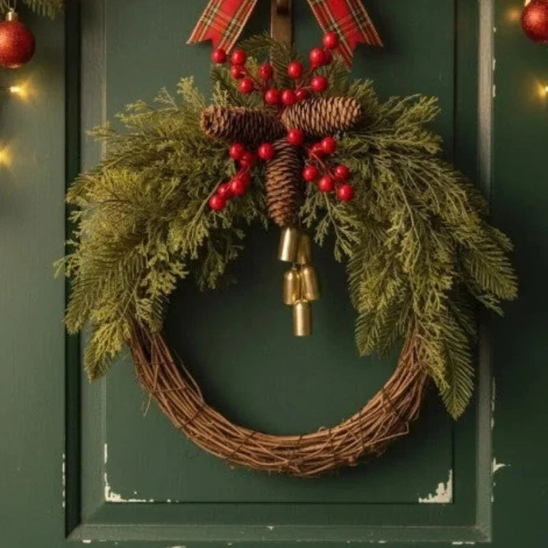 Christmas Wreath with Golden Bells, Pinecones and Artificial Evergreen on Grapevine Base