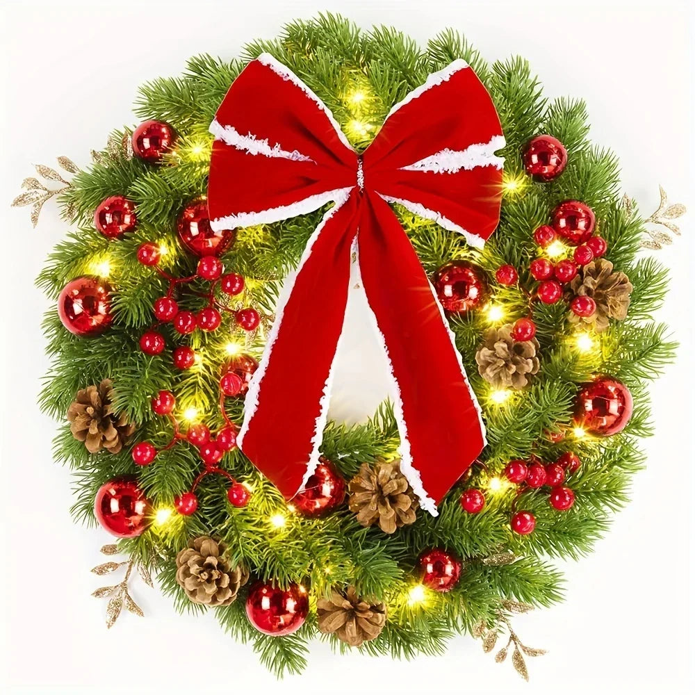 Christmas Wreath with Red Velvet Bow, Ornaments and Fairy Lights Holiday Door or Wall Hanging