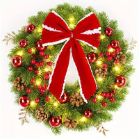 Christmas Wreath with Red Velvet Bow, Ornaments and Fairy Lights Holiday Door or Wall Hanging