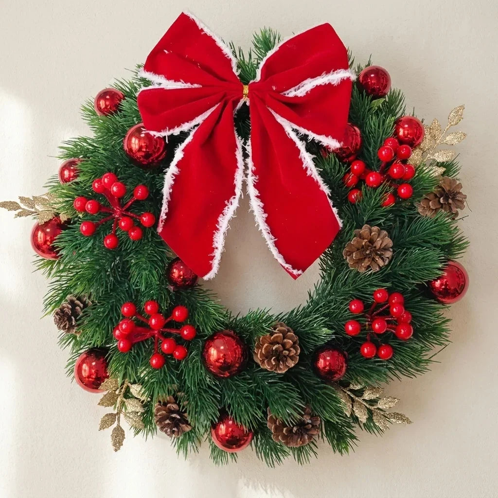Christmas Wreath with Red Velvet Bow, Ornaments and Fairy Lights Holiday Door or Wall Hanging