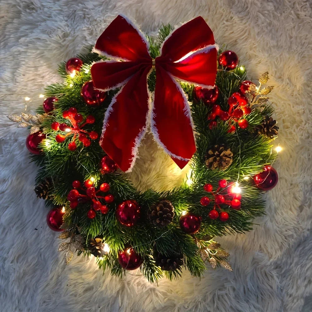 Christmas Wreath with Red Velvet Bow, Ornaments and Fairy Lights Holiday Door or Wall Hanging