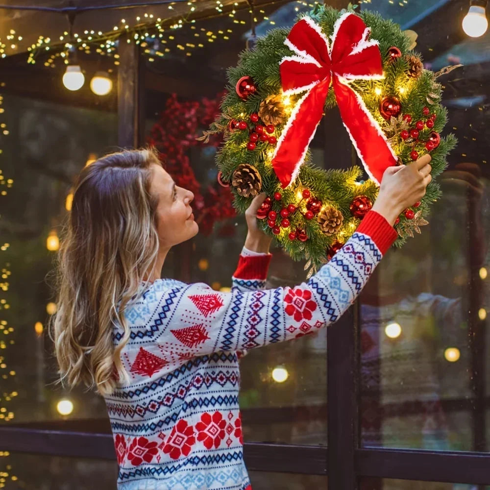 Christmas Wreath with Red Velvet Bow, Ornaments and Fairy Lights Holiday Door or Wall Hanging