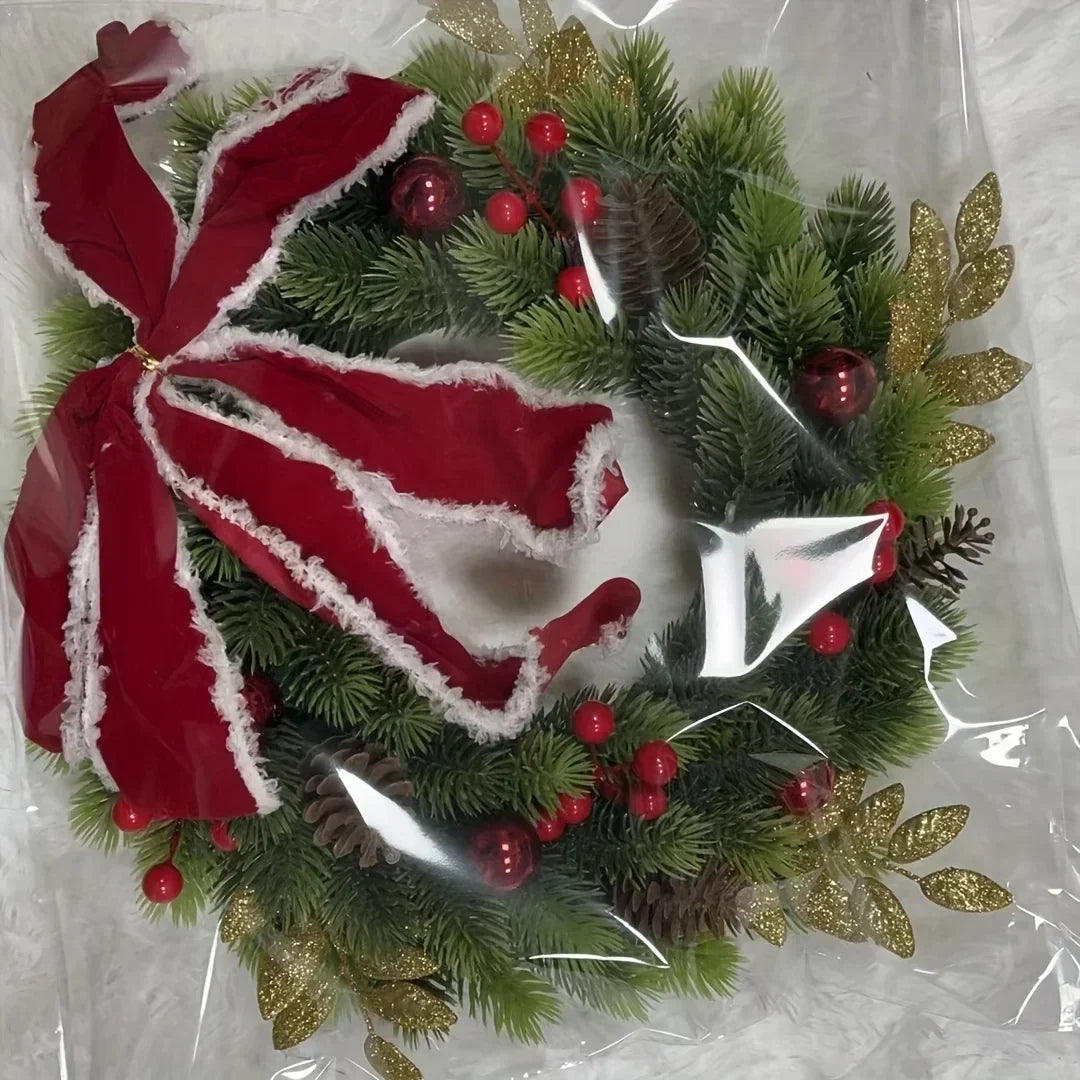 Christmas Wreath with Red Velvet Bow, Ornaments and Fairy Lights Holiday Door or Wall Hanging