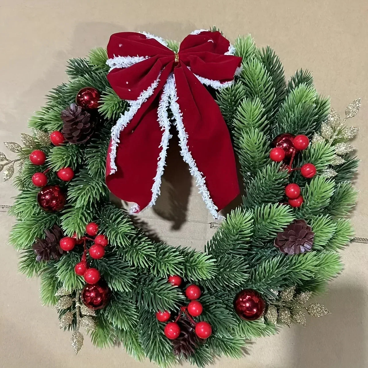 Christmas Wreath with Red Velvet Bow, Ornaments and Fairy Lights Holiday Door or Wall Hanging