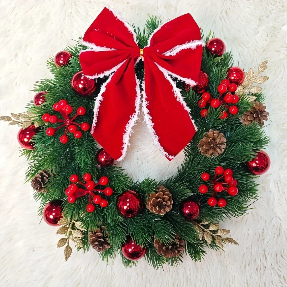 Christmas Wreath with Red Velvet Bow, Ornaments and Fairy Lights Holiday Door or Wall Hanging