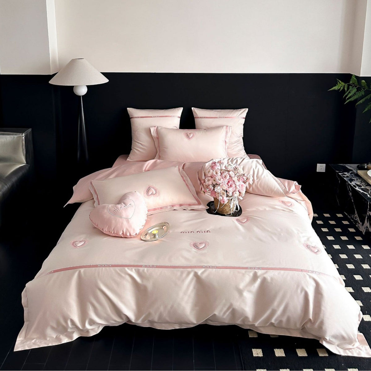 Cotton Sateen Bedding Set with Heart Appliqué and Decorative Piping