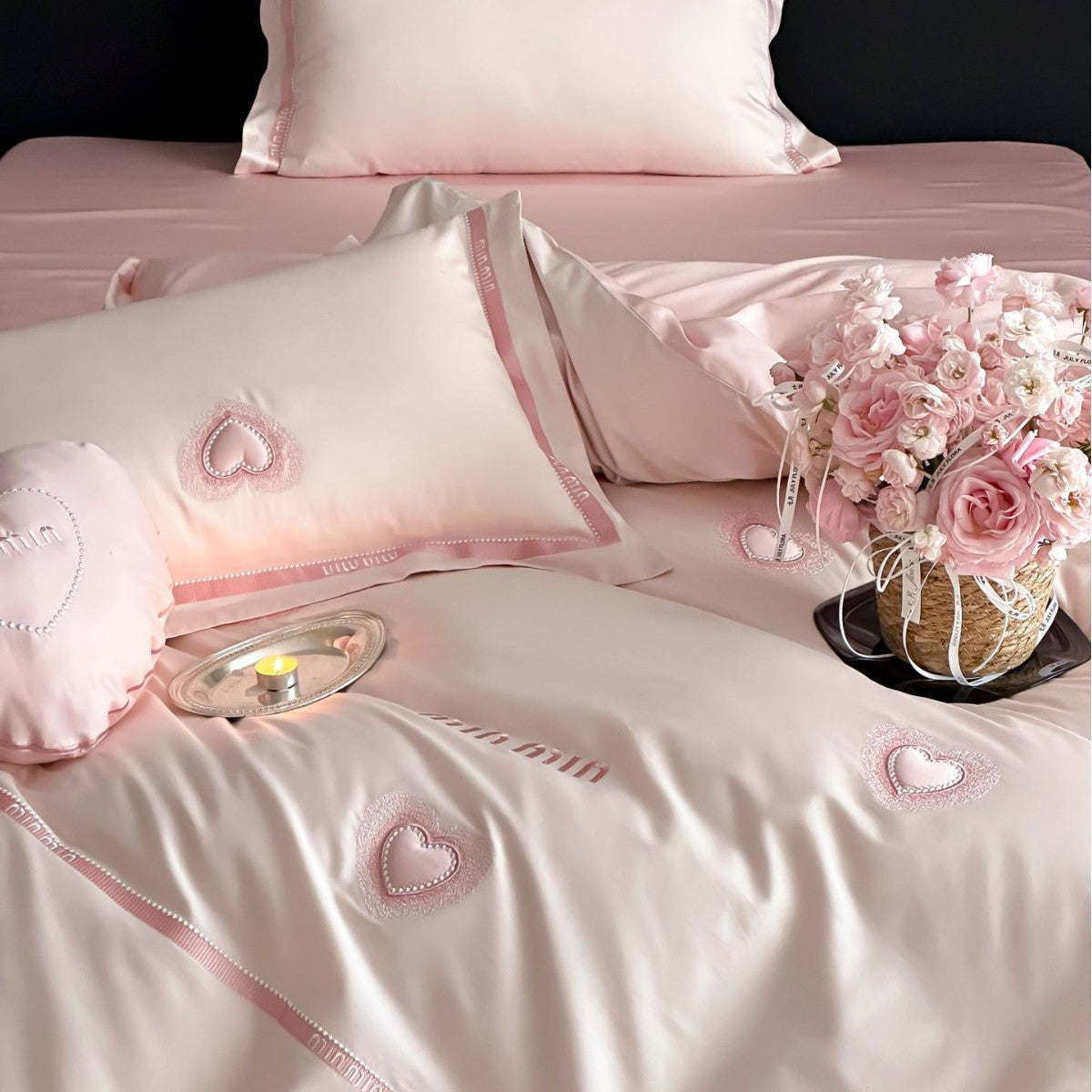 Cotton Sateen Bedding Set with Heart Appliqué and Decorative Piping